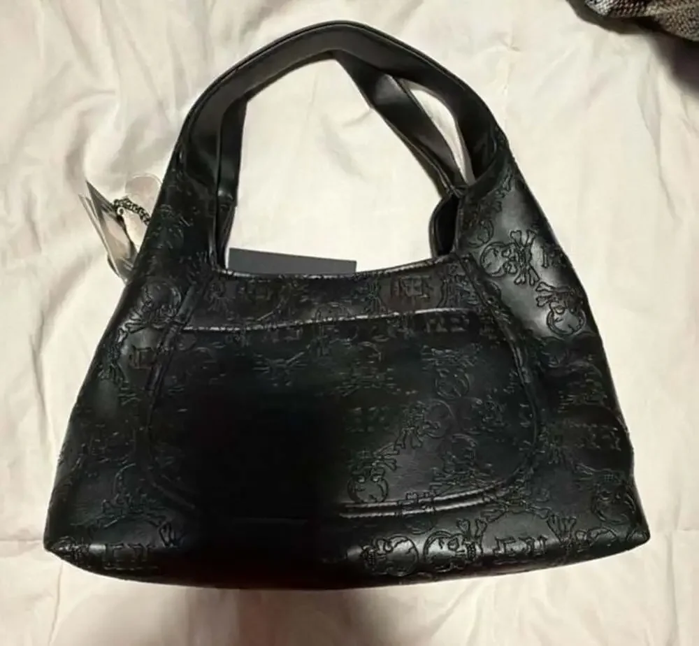 Ed Hardy Black Faux Leather Small Satchel with Skull Motif
